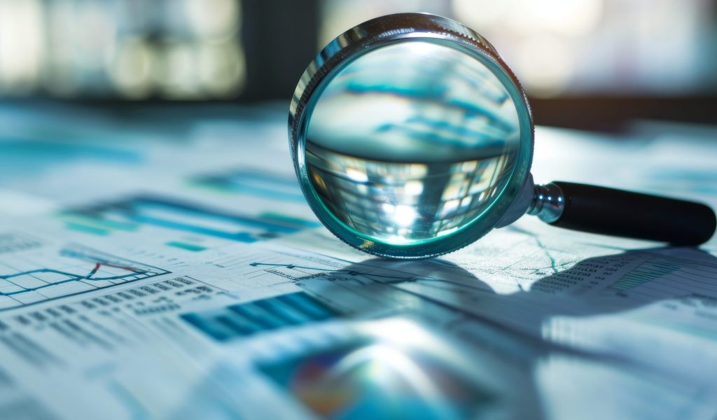 Business audit stock financial finance management on analysis data strategy with magnifying glass AI generated