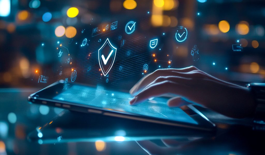 Business Professionals Using Tablets with Digital Padlock and Shield for Cybersecurity Data Protection