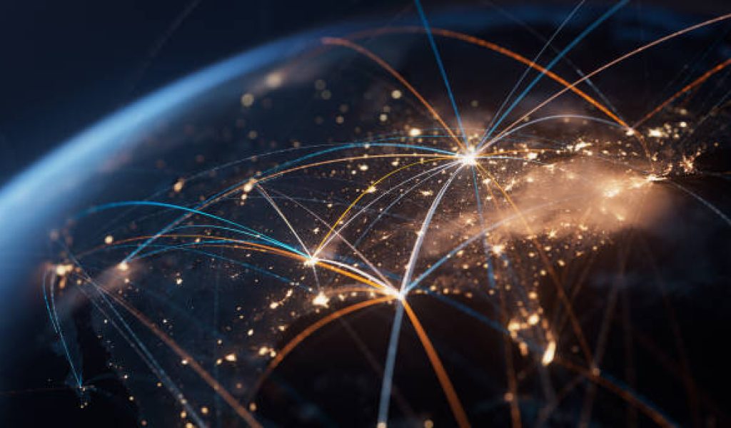 Highly detailed 3d generated globe with glowing connection lines between big cities. Perfectly usable for all kinds of topics related to international business and finance or global data networks.
Created from textures by NASA:
https://visibleearth.nasa.gov/images/55167/earths-city-lights, https://visibleearth.nasa.gov/images/73934/topography