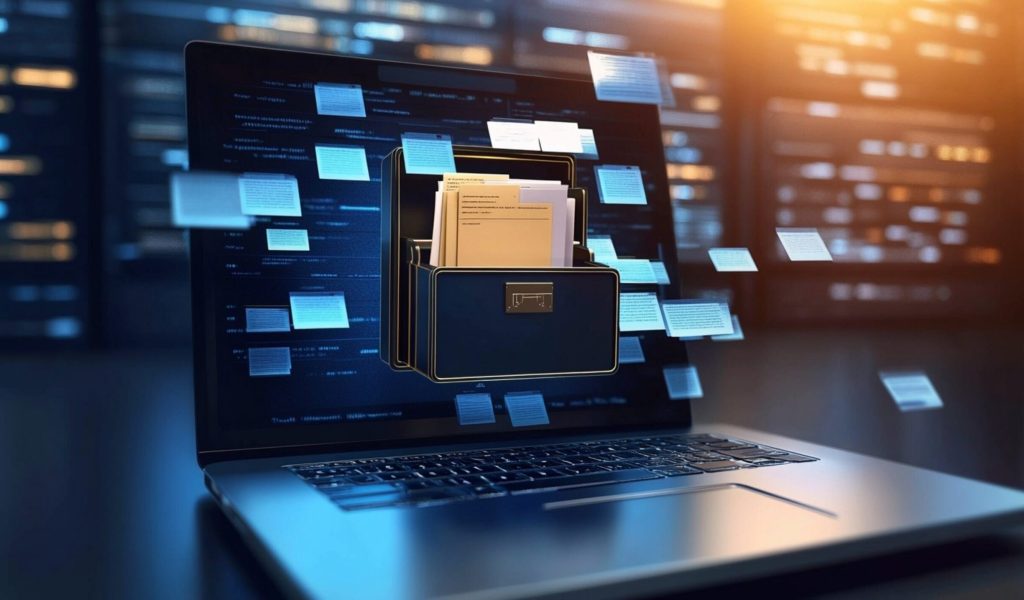 Laptop data storage concept with a filing cabinet on a screen, representing digital organization and data management solutions.