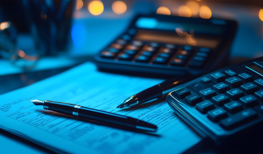 two-pens-calculator-documents-blue-surface